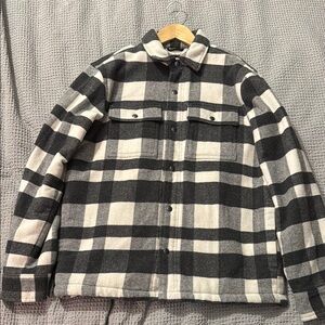 Black and White Pea Coat with Plaid Pattern